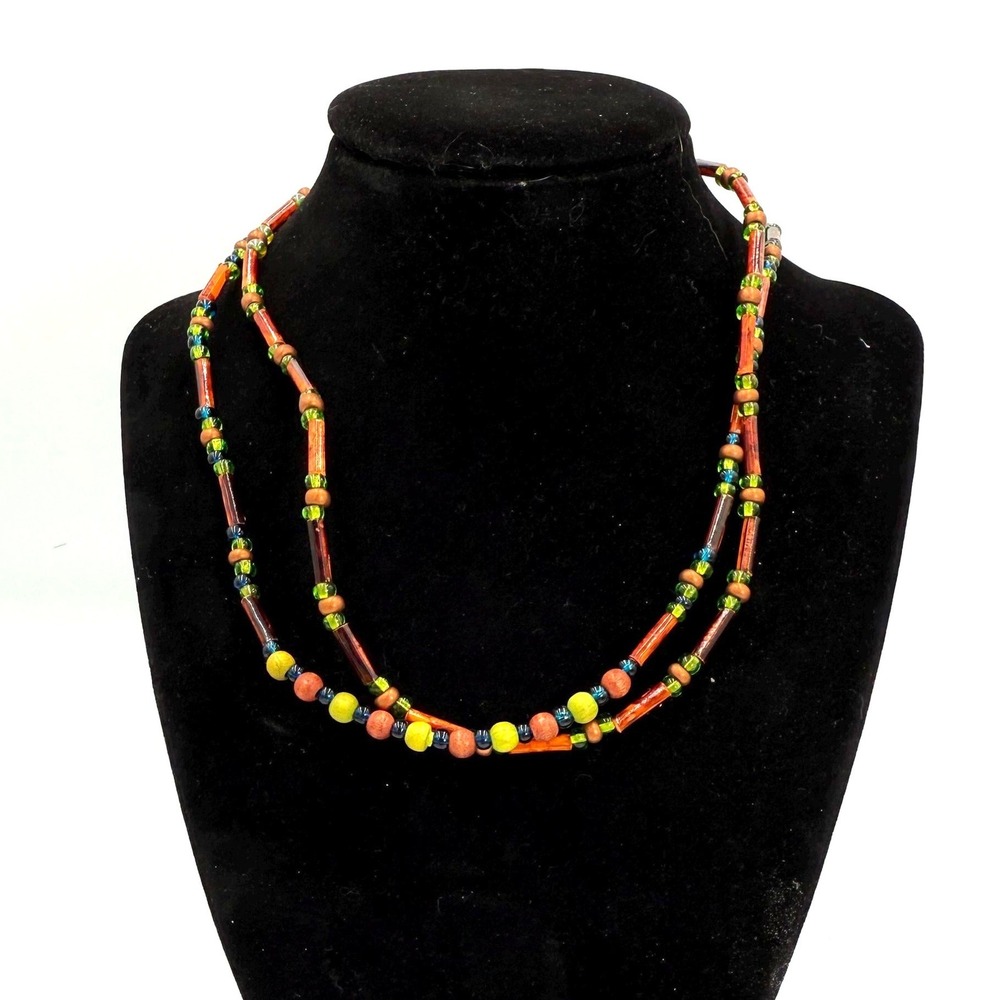 Vintage Double Strand Beaded Necklace Colorful‎ Glass Seed Beads Boho